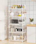 Five Tier Storage Rack For Kitchen And Laundry Room Height Adjustable Microwave Cart Rock Solid Steel Frame with kitchen items.