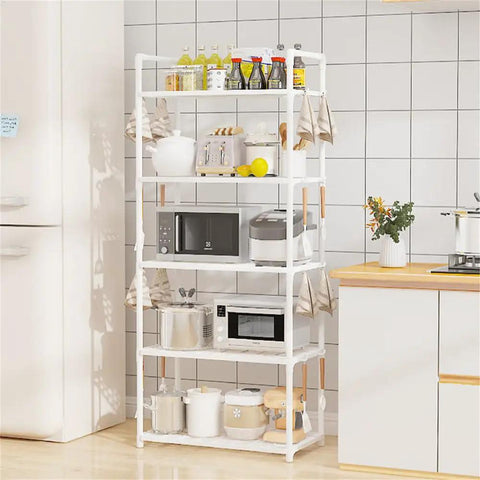 Five Tier Storage Rack For Kitchen And Laundry Room Height Adjustable Microwave Cart Rock Solid Steel Frame with kitchen items.