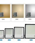 Various JUDYSSY 200W Led Floodlight models displayed by color temperatures 3000K, 4000K, and 6500K for outdoor use.