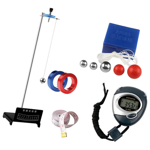 Pro Grade Metal Pendulums Experiment Set for Physics Classrooms and Labs with stopwatch and measuring tape in view.
