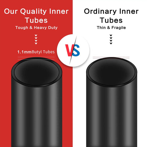 Comparison of two bike tubes; left shows 1.1mm butyl tube labeled 'Our Quality Inner Tubes' vs. right 'Ordinary Inner Tubes' with thinner wall.