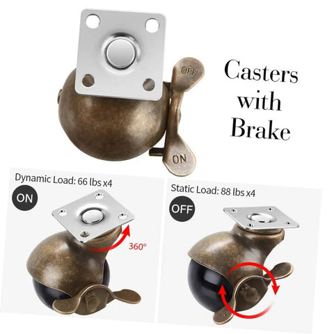 4 Pack Rock Solid Heavy Duty Vintage Brass Universal Casters With Ball Bearing Swivel Rollers Twin Wheel Locking Brakes for office chairs and furniture, showcasing lock and swivel features.