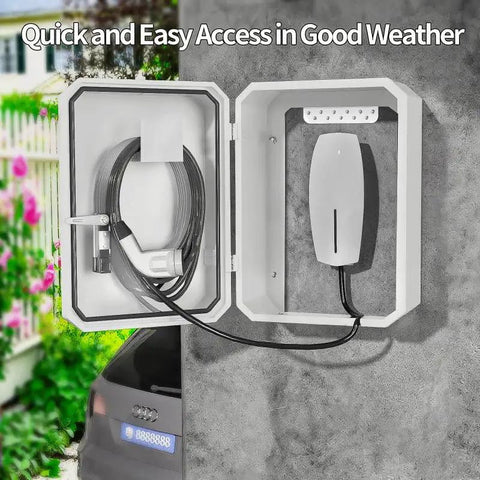 Wall Mounted 1.2MM Cold Rolled Steel EV Charger Protection Box for Tesla open, showing charging cable and wall mount design.