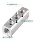 Rock Solid Aluminum 3 Way Pneumatic Manifold Air Distribution Block With No Fuss Quick Connect Fittings Dual Inlets Triple Outlets For Precision Compressed Air Systems showing air inlet, exit, and mounting holes.