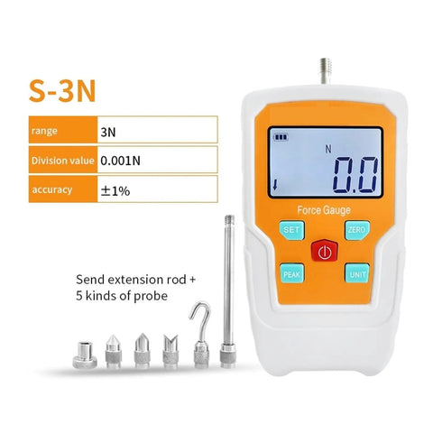 Boss Level Precision Digital Force Gauge Push Pull Tester Spring Load Meter 500N Capacity with various probe attachments.