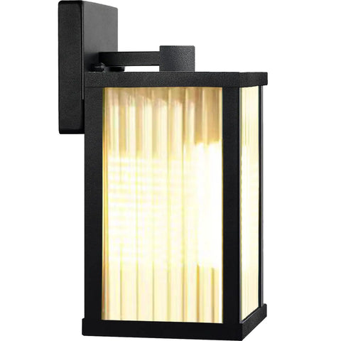 Modern Premium Matte Black Outdoor Wall Lights, Waterproof E26 Porch Lanterns, aluminum sconce with striped glass shade.