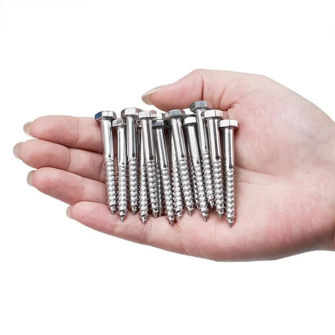 High Grade 25 Pc 1/4X2 Inch Hex Lag Screws Heavy Duty 304 Stainless Steel Rustproof in a hand, perfect for DIY builds.