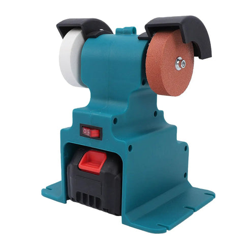 Top Shelf Cordless Mini Bench Grinder With Dual 4000 Mah Batteries for cutting and polishing, featuring dual grinding wheels.