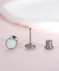 Solid Implant Grade Titanium Screw Back Earrings Made For Sensitive Skin With Hypoallergenic F136 Studs, showcasing white opal design and threaded back.
