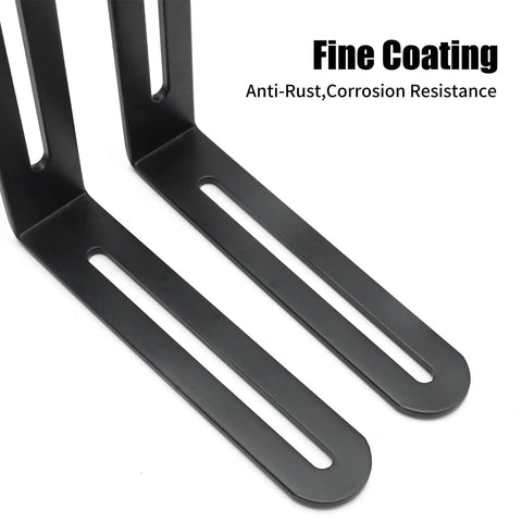 Close-up of Four Pack Rock Solid Stainless Steel L Shaped Corner Brackets featuring dual adjustable slide slots in matte black.