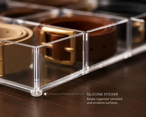 Keep Your Gear Legit With This Stackable Acrylic Belt Organizer Featuring Nine Roomy Compartments For Belts Ties Wallets Watches And Scarves Clear Display Rack Keeps Your Closet Neat Grabs Easy Without The Mess, close-up of silicone sticker.