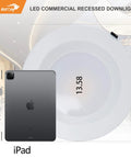 12 Inch Canless LED Recessed Downlight With Junction Box size comparison to iPad, showing diameter and design features.
