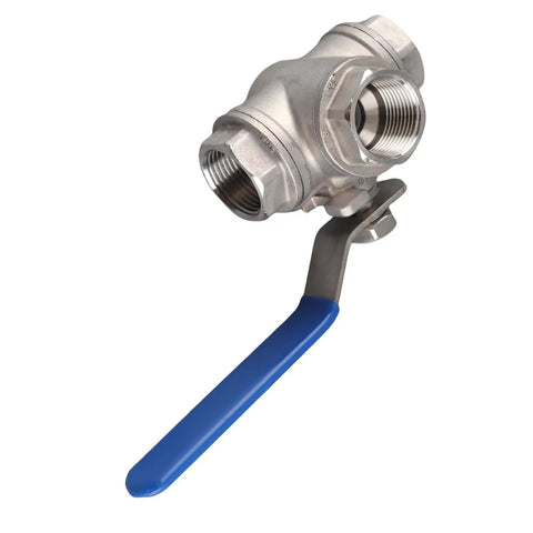 Top Shelf Three Way Stainless Steel Ball Valve With T Type Design For Plumbing And Gas Lines, 20 mm diameter and 3/4 in female threads.