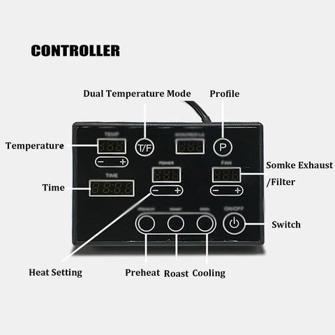 Controller interface for Automatic Electric Coffee Bean Roaster With Built In Smoke Filter And Chaff Collector with display functions.