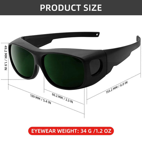 Top Shelf Welding Glasses And Plasma Cutting Goggles With Ir 5.0 Shade And Ansi Z87.1 Certified Eye Protection shown with measurements and weight.