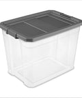 Tackle The Mess Fast With This Beast Mode 108 Quart Stackable Storage Bin, clear plastic, gray lid, ideal for organizing.