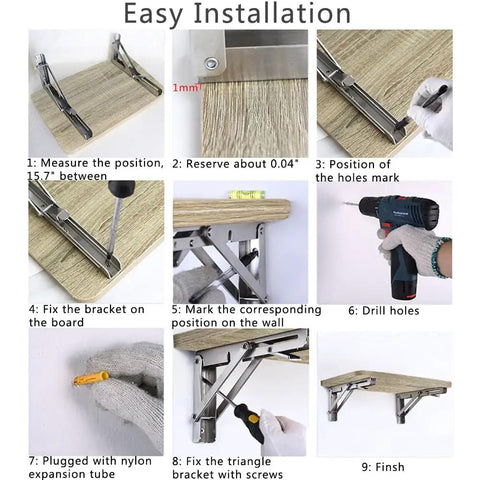 Installation steps for Hardcore Heavy Duty Folding Shelf Brackets 24 Inch 2 Pack Stainless Steel L Bracket Set on wooden shelf.
