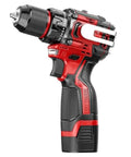 Cordless Brushless Impact Drill Built Solid For Tough Household Projects Featuring High Torque Electric Power And A Snappy Metal Ratchet Chuck For Stubborn Fastening Jobs That Get Handled Smoothly Day To Day, showing the side view of the drill with a red and black design.