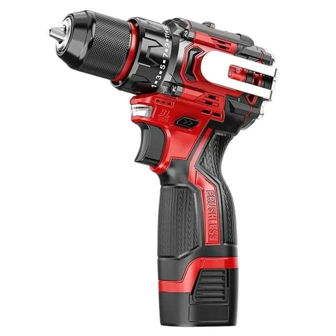 Cordless Brushless Impact Drill Built Solid For Tough Household Projects Featuring High Torque Electric Power And A Snappy Metal Ratchet Chuck For Stubborn Fastening Jobs That Get Handled Smoothly Day To Day, showing the side view of the drill with a red and black design.