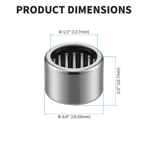 High Performance RC081208 Needle Roller Bearing Five Pack dimensions 12.7mm bore and 19.05mm outer diameter visible.