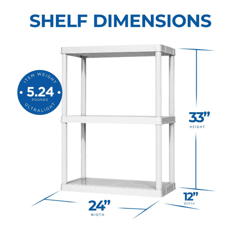 Shelf dimensions of No Sweat 3 Tier Storage Shelving Units In Fresh White, showcasing 24x12x33 inch size for closet organization.
