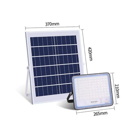 Hella Bright 200 Watt Solar Flood Light With Integrated Remote And Badass IP67 Waterproof Shell tailored for yards and patios with solar panel