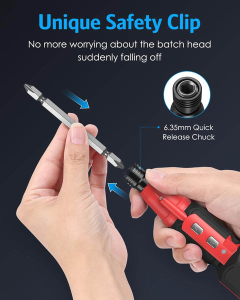 Hands demonstrating the quick release chuck of Cordless Power Screwdriver Kit With USB Cable And LED Lights, showing 6.35mm bit installation.