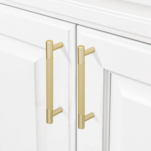 10 Pack 10 Inch Brushed Brass Cabinet Pulls Knurled Texture Kitchen Drawer Handles Heavy Duty Cupboard Door Hardware on white cabinets.