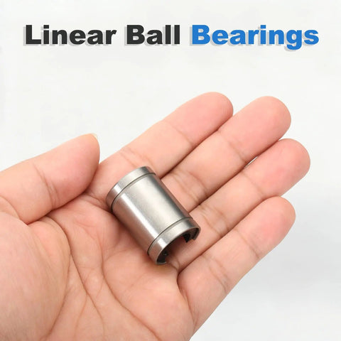LM12UUOP Open Type Linear Ball Bearings 12mm Bore 21mm OD in hand, showcasing durable steel design for CNC machines.