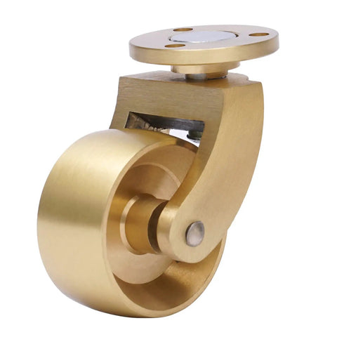 Four Pack Vintage Solid Brass Swivel Caster Wheels Built Tough Heavy Duty Ball Bearing Furniture Casters With Mounting Plates close-up view of a single swivel caster wheel