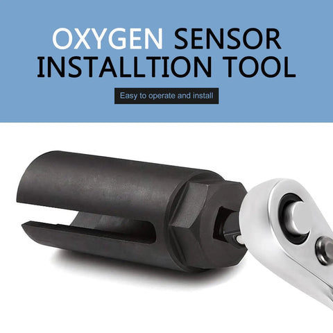 Six Point Sensor Socket Adapter With Tight Fitting Removal Sleeve For Extra Leverage displayed on a blue background with wrench