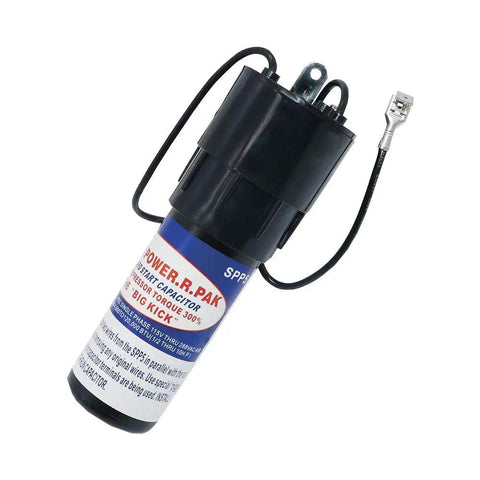 SPP5 Hard Start Capacitor Relay with black casing, two wires, boosts startup torque for coolers, fits 115 through 288 Volt systems.