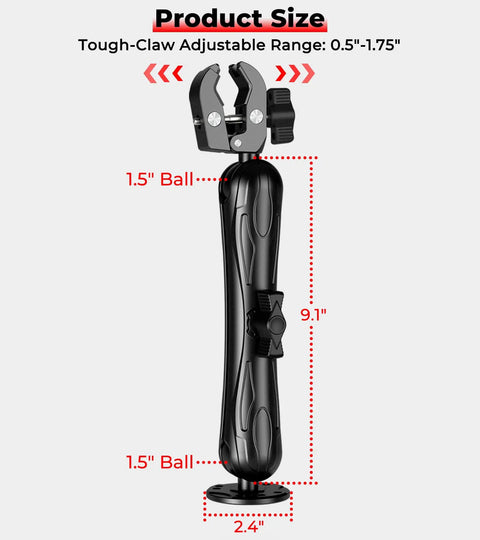 Rock Solid 1.5 Inch Ball Trolling Motor Stabilizer Mount Support CNC Machined 6061 T6 Aluminum Alloy dimensions with 9.1 inch arm.
