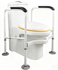 Heavy Duty Toilet Safety Rails For Seniors With Adjustable Carbon Steel Frame And Rock Solid Non Slip Design For No Fuss Bathroom Support And Straight Up Fall Protection Up to 330 Pounds Total Weight mounted over a toilet.