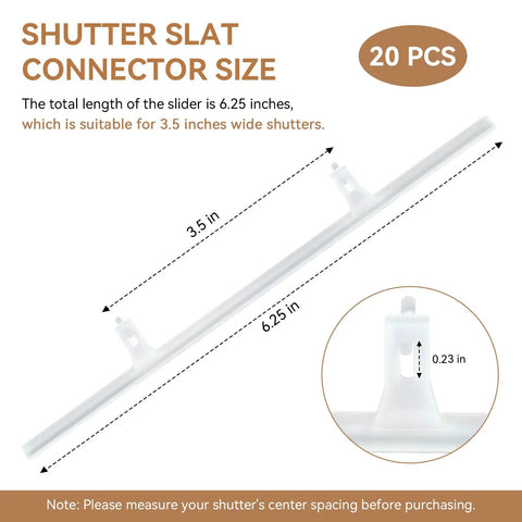 Twenty Heavy Duty Shutter Vane Repair Slider Connectors Made From Resilient Nylon measuring 6.25 inches for 3.5-inch shutters.