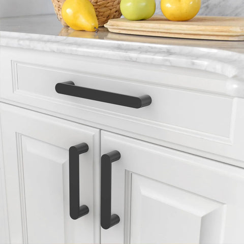 10 Pack 5 Inch Matte Black Cabinet Handles 128mm For Kitchen Cupboards And Drawers Cabinet Pulls Hardware shown on white cabinetry