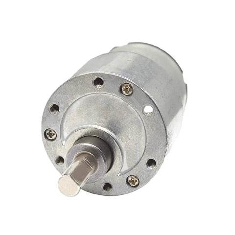 Heavy Duty Dc Gear Motor With Knockout Torque Rock Solid Metal Gears Variable Speed Range Up To Six Hundred Rpm Twelve Or Twenty Four Volt Compatible Compact build view with metal casing and motor shaft.