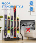 Badass Heavy Duty Wall Mount Ski And Snowboard Storage Rack For Garage Holds Four Pairs With Helmet Goggle Gloves Organizer Shelf Solid Black Winter Gear Setup in a floor standing style.