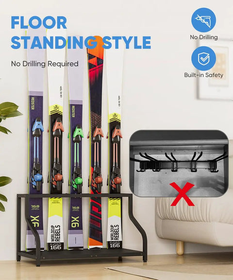 Badass Heavy Duty Wall Mount Ski And Snowboard Storage Rack For Garage Holds Four Pairs With Helmet Goggle Gloves Organizer Shelf Solid Black Winter Gear Setup in a floor standing style.