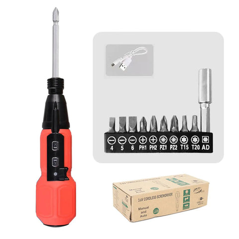 Slick Cordless Electric Screwdriver With Built In Led Light, 3.6V tool with multiple bits, USB charging cable, compact design.