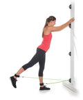 Woman performing a stretch with the Stellar Resistance Band Wall Anchor Kit For Home Gym And Physical Therapy Badass Steel Loop Hook.