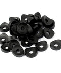 Badass Black Plastic Spring Washers For Bolts And Nuts Rock Solid Metric Disc Fasteners in a pile, black, durable, ideal for DIY projects.