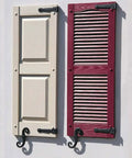 Heavy Duty Decorative Vinyl Window Hinge Kit With Two S Hooks For Exterior Shutters, white and red shutters displayed.