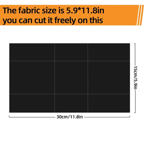 Top Shelf Camera Shutter Curtain Repair Fabric 15x30cm showing measurements for cutting, black rubber-coated material.