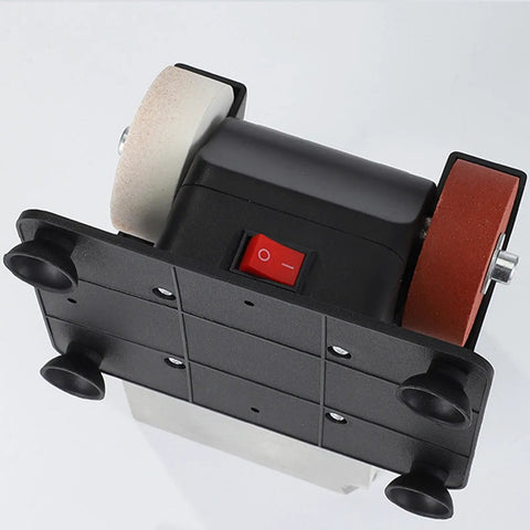 Powerful Compact Bench Grinder With Dual Fine And Coarse Wheels A Slick Counter Mount Setup For Daily Diy Woodwork Sharpening and Zero Hiccup Shop Completions top view with switch and base.