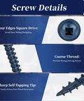 Job Site Ready Pocket Hole Screws One Quarter Inch Number Eight Coarse Thread Washer Head Square Drive For Exterior Deck Building Six Hundred Count Blue Coated details on drive tip, thread, and self-tapping feature.