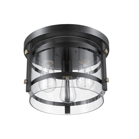 Three Light Rustic Modern Flush Mount Ceiling Light In Dark Bronze With Brass Details And Clear Glass Shade E26 Base