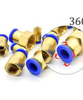 100 Piece Pneumatic Air Connector Set Brass Quick Pipe Fittings with blue ends, featuring 360-degree rotation detail.