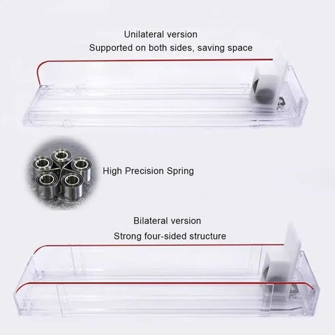 Pro Level Clear Acrylic Automatic Cigarette Display Rack With Smooth Operator Pusher And Divider Tray For Retail Tobacco And Matchbook Storage, A Sleek Retail Flex For Countertops And Cooler Organizers, showing unilateral and bilateral versions.