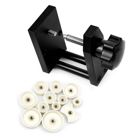 Heavy Duty Watch Back Cover Press Machine Including 12 Precision Plates, black steel press tool with white adapter plates.